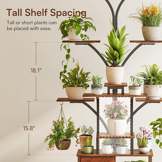 63" Plant Stand Indoor with Grow Lights, 10 Tiered Plant Shelf with Drawer, Corner Plant Stands for Indoor Plants, Metal Plant Flower Display Shelf, Tree-Shaped Plant Rack for Home, Black (1, Black)