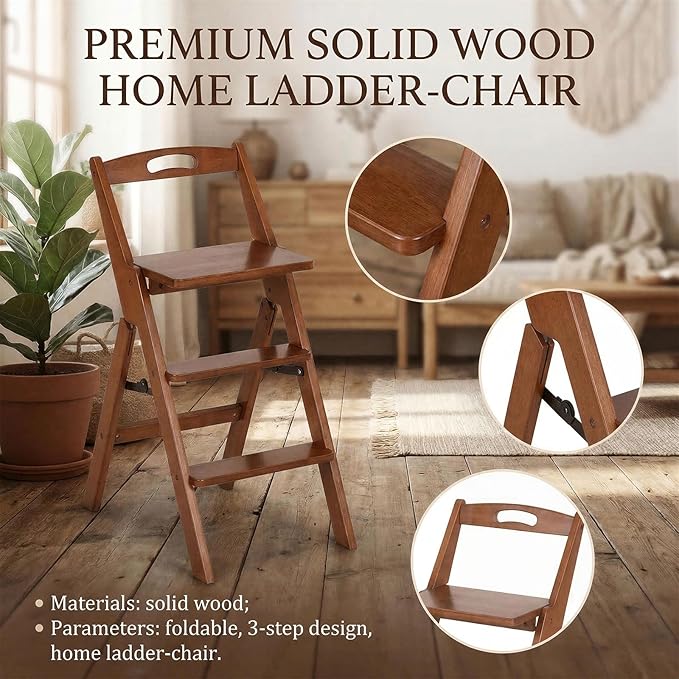 Baveke 3 Step Ladder Folding Step Stool with Handle, Wooden Step Stool Foldable and Kitchen Step Stools for Adults, Closet Stepstool & Collapsible Stool for Kitchen, Home, Indoor（FSC-Certified Bamboo）