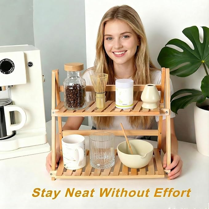 Coffee Station Organizer:2 Tier Foldable Bamboo Matcha Station Organizer Shelf,15.8" Countertop Display Rack for Coffee Bar. Desktop Flower Pot Rack for Kitchen,Window Sill,Living Room