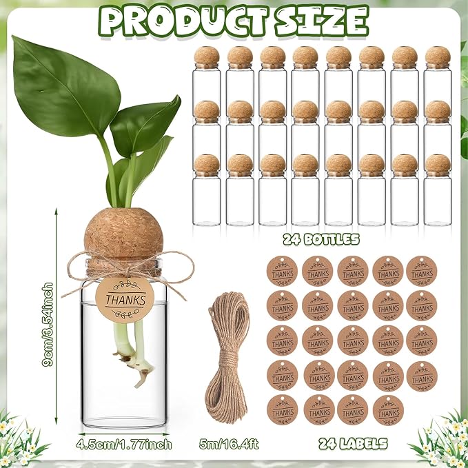 24 Pack 3.54'' Plant Propagation Stations 4 oz Glass Propagation Jars Planter Hydroponic Vase with Mushroom Hole Lid and Thank You Tags for Plant Lovers Office Home Garden