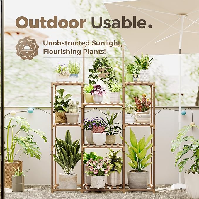 Bamworld Plant Shelf Indoor Outdoor Large Plant Shelf Tall Hanging Plant Holder Wood Flower Stand for Window Living Room Garden Balcony Home Decor Flower Patio 3 Tiers