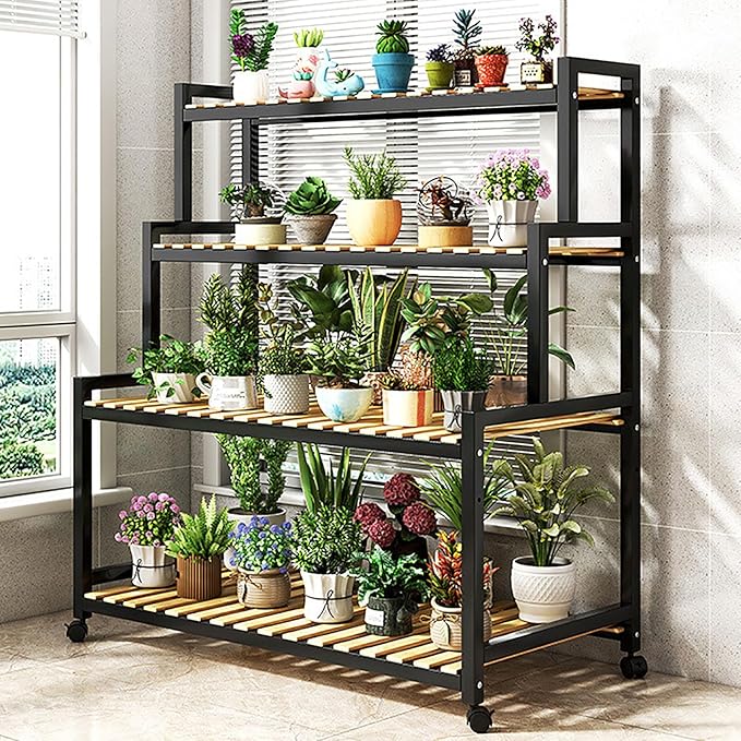 4-Tier Bamboo Plant Stand - Stylish Metal Flower Holder for Indoor Succulents & Houseplants - Multi-Layer Decorative Ladder Shelf for Greenery Storage Solution