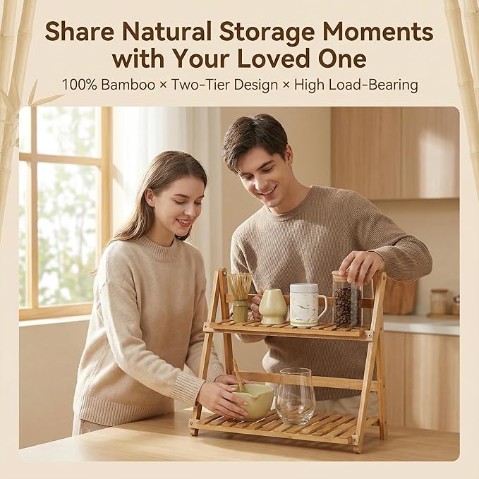 Matcha Station Organizer Shelf：Bamboo organizer for coffee bar,Matcha Whisk,Small plants,bathroom,11.7" Foldable Countertop Display Rack for Kitchen,Window Sill&Living Room 2 Tier