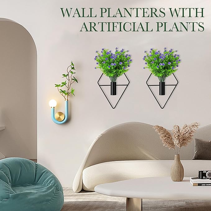 2 Pack Wall Decor Hanging Planters with Artificial Plants Metal Hanging Vase Indoor Plants Holder Modern Boho Wall Art for Bathroom Bedroom Living Room Office (Black Eucalyptus)