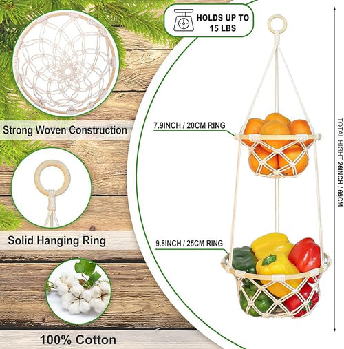 2 Tier Macrame Hanging Fruit Basket, Boho Vegetable Holder for Kitchen Food Storage with Hook, Bohemian Cotton Produce Multi Organizer, Plant Hanger Decor for Home Living Room Women Christmas Gift
