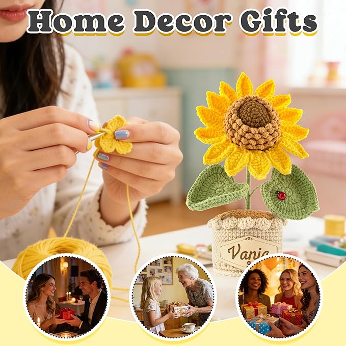 Crochet Flowers with Personalized Leather Name Tag Handmade Knitted Flowers for Home Office Desk Decor Crochet Sunflower Potted Plant for Women,Mother,Teachers, Birthday Crochet Gifts(Yellow)