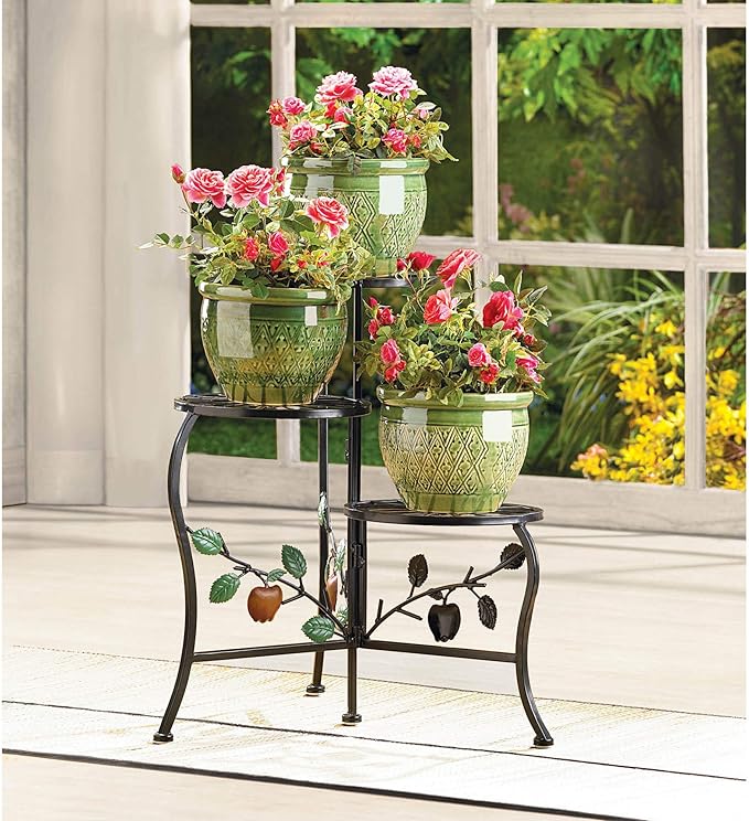 Vintage Plant Holder, Multi Tier Plant Stand Wrought Iron, Tri-Level Plant Stands, Round Metal Plant Rack, Black Patio Plant Shelf, Apple Flower Pot Stand, Indoor Outdoor Plant Lover Gifts