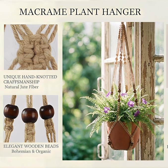 Macrame Plant Hanger Indoor, 23" No Tassel Hanging Plant Holder, Sturdy Flower Pot Holder with Hooks - Brown (Pot NOT Included)