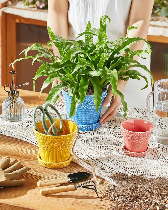 Metahom Ceramic Plant Pots, 4.9 Inch Flower Pots with Drainage Hole & Saucer, Colorful Planter Pots for Indoor Plants, Small Pots for Succulent, Catus, Home Decor, Set of 4, Assorted Colors