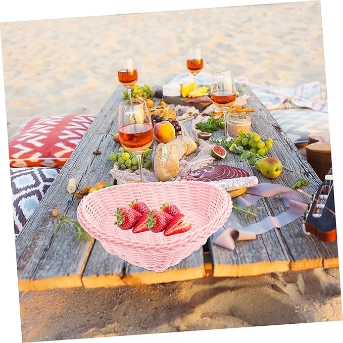 3pcs Love Rattan Basket Candy Dried Fruit Basket Storage Woven Serving Shaped Bread Serving Tray Planter Tray Desk Seagrass Woven Box Pp Pink Portable