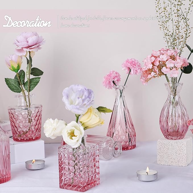 TBWIND Pink Glass Bud Vase Set of 24, Small Flower Vases for Centerpieces in Bulk, Mini Vintage Vase for Wedding Decor, and Home Table Décor