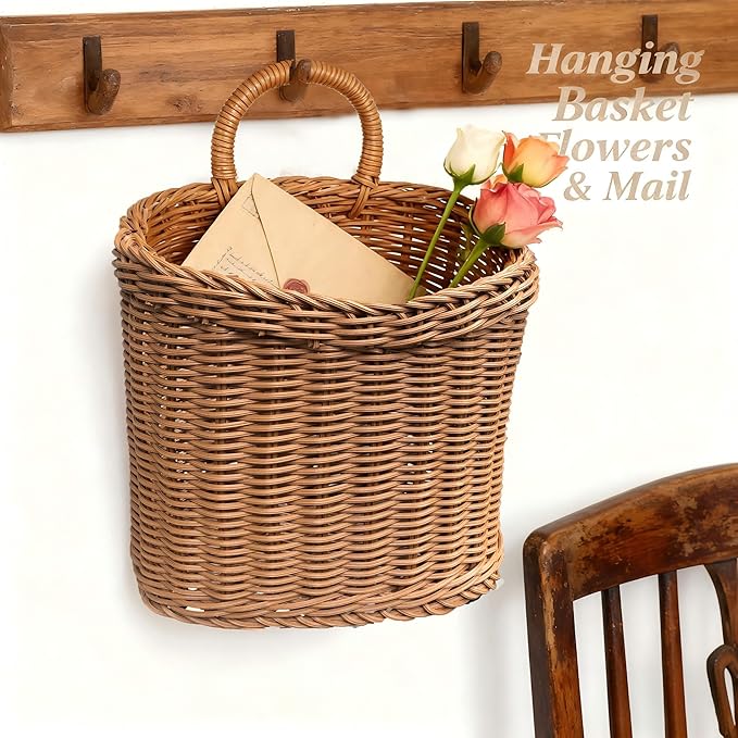 Woven Hanging Wicker Basket for Front Door, Handmade Rattan Hanging Wall Baskets for Garden Farmhouse Home