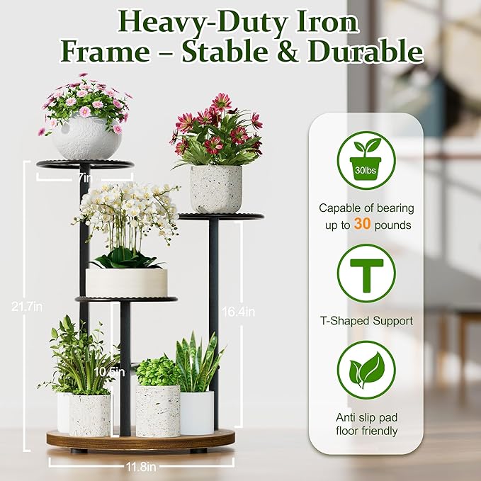 3 Tiered Tall Plant Stand, Tall Metal Wood Shelf Holder for Indoor Outdoor, Tiered Flower Stand for Corner Patio Balcony Porch Garden Living Room House