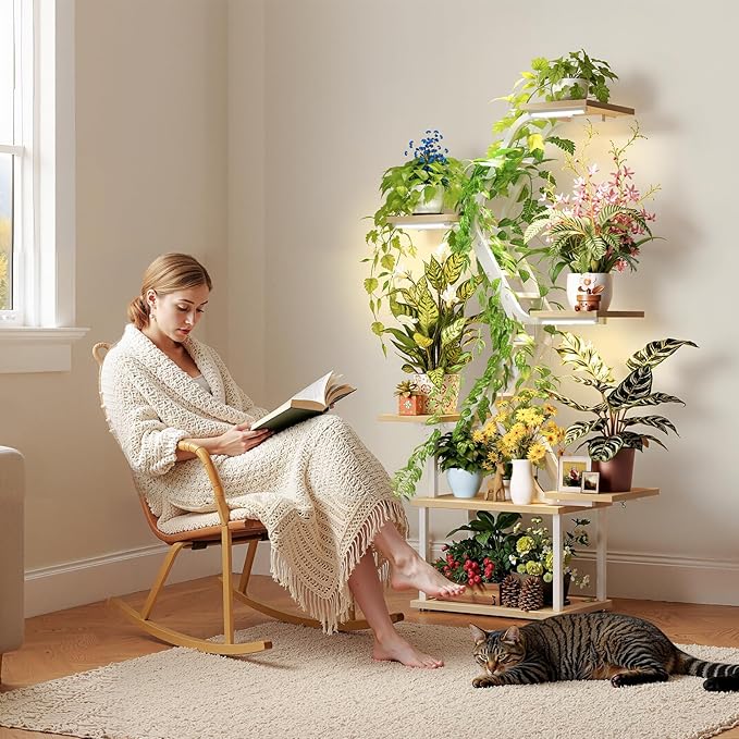 White Plant Shelves with Grow Lights: 7-Tier 65" Tall Modern Plant Stand for Indoor Corners, Living Room Display or Bedroom Gardening Rack