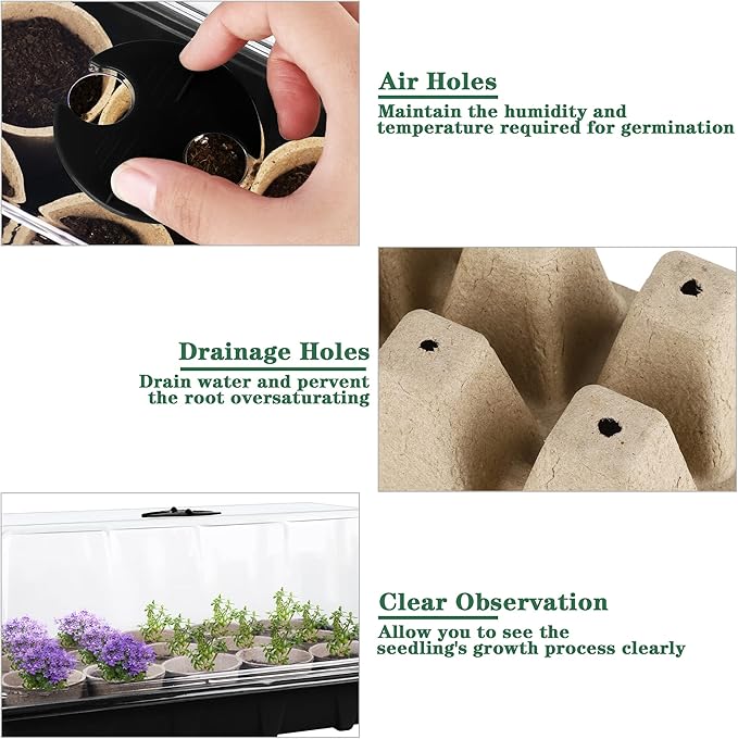 Hahood 4 Pack Seed Starter Tray Set Plants Growing Trays Peat Pots for Seedlings with Seed Starter Pots, Plastic Germination Tray, Plant Labels, Tool for Flower Vegetable Planting, Black