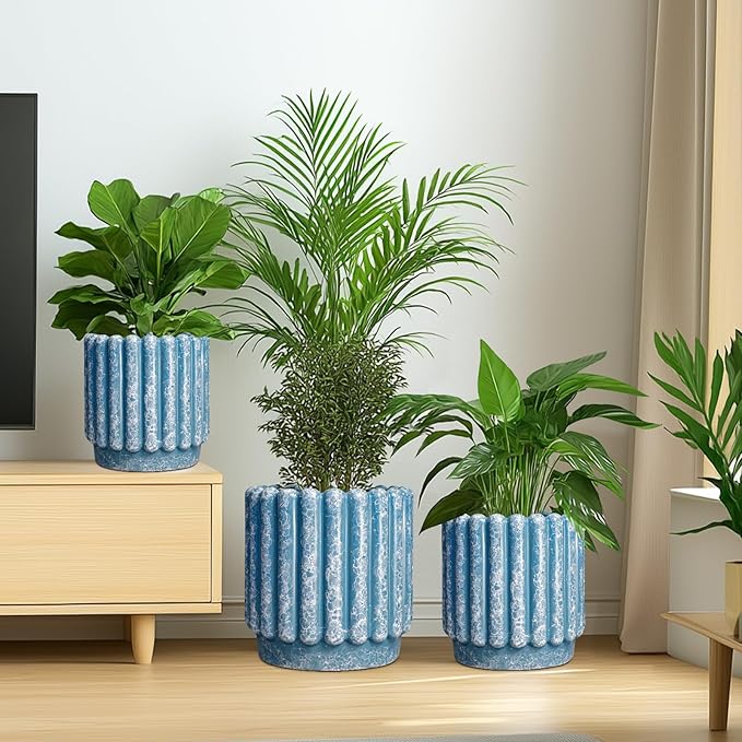 Ceramicfor Ceramic Planter for Indoor Plants - 9.6 Inch Ceramic Plant Pots with Drainage Hole, Large Flower Pots Outdoor, Fluted Decorative Round Planter, Front Door Decor, Housewarming Gifts, Blue