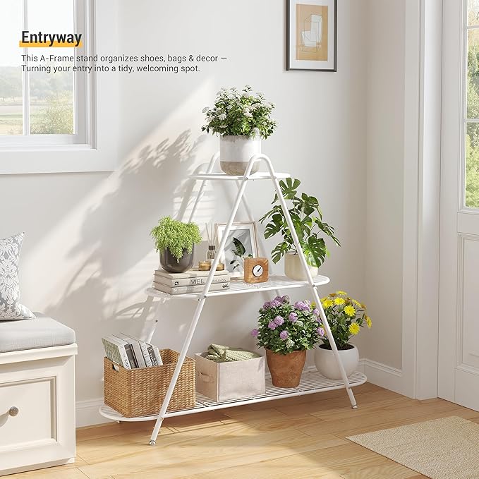 3-Tier Plant Stand Metal Plant Rack Shelf Heavy Duty Indoor Outdoor Shoe Shelf Rack for Flower Pots Holder Ladder Multi-Purpose Storage Organizer for Living Room Patio Garden Entryway Balcony (White)