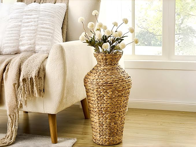 Natural Water Hyacinth Floor Vase, 22 Inch Tall Large Woven Basket for Dried Flowers, Boho Decorative Planter for Living Room, Farmhouse Entryway Home Decor,Bohemian vase