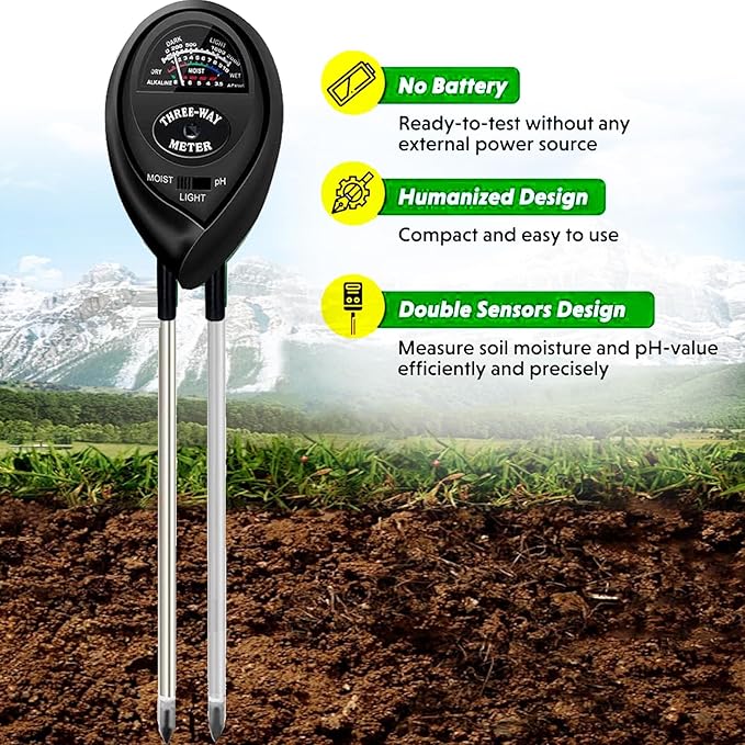 3-in-1 Soil Moisture Meter, Test Soil Moisture, Upgraded Stainless Steel Probe Soil pH/Light/Moisture Meter for Plants, Soil Test kit, Soil Tester for Garden, Farm, Lawn, Indoor & Outdoor