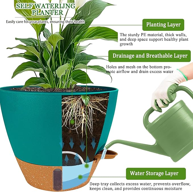 2 Pack 10 inch Plant Pots, Plastic Self Watering Planters with Drainage Holes, Deep Reservoir, Water Level Indicator, Modern Decorative Flower Pots for Indoor Outdoor Plants (Turquoise)