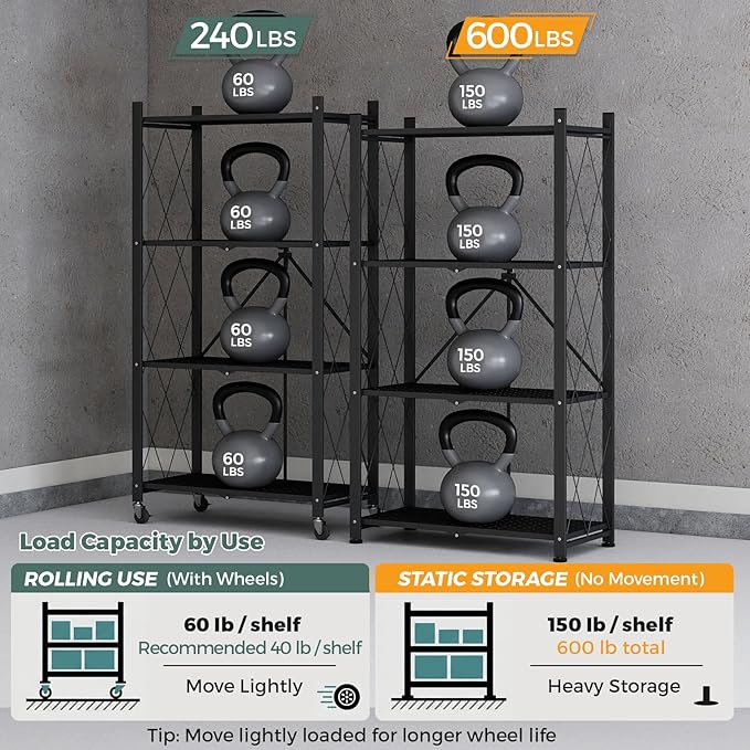 DEANIC 4 Tier Foldable Storage Shelves with Wheels, Large Capacity Shelving Unit, Freestanding Metal Wire Shelf Rack, No Assembly Organizer Rack for Garage Kitchen, Basement, Pantry(Black Pack of 2)