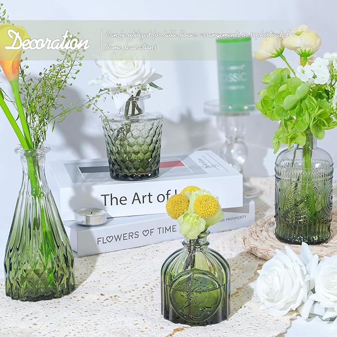 TBWIND Glass Bud Vase Set of 5, Small Green Flower Vases for Centerpieces in Bulk, Mini Vintage Vase for Wedding Decor, Single Flowers, and Home Table Décor