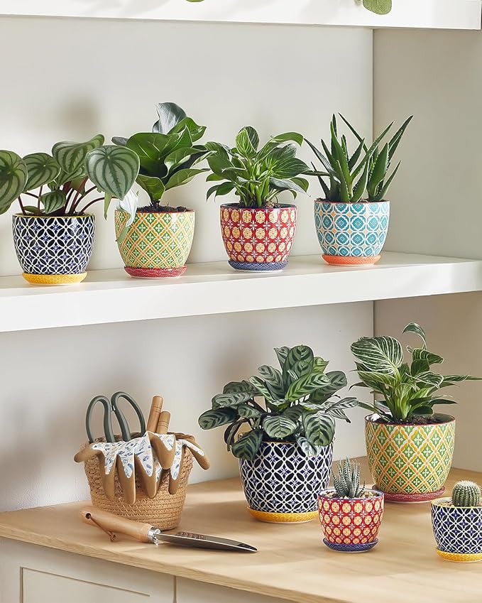 Metahom Ceramic Plant Pots, 4.9 Inch Flower Pots with Drainage Hole & Saucer, Colorful Planter Pots for Houseplants, Succulent, Catus, Home Decor, Set of 4, Vibrant Colors