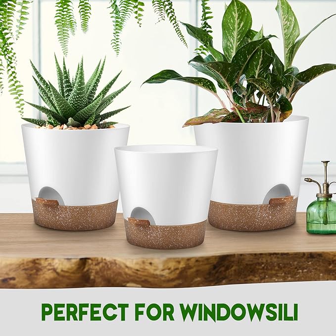 YNNICO Indoor Outdoor Plant Pots- Self Watering Planters with Drainage Holes and Saucers, 9,8, 7.5 Inches, 3 Pots (Snow)