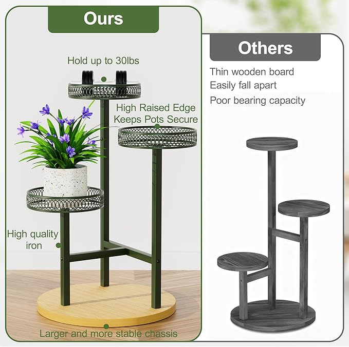 Stand Plants, 3-Tier Metal Plant Stands for Outdoor Indoor Plants,Heavy Duty Flower Pot Stands for Multiple Plants,Decoration Display Racks for Patio Garden -GreenFlower
