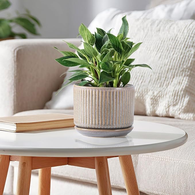 SURE YUESI Speckle Gray Ceramic Plant Pots Set of 3 (4.3”+5.5”+6.7”) Indoor Striped Planters with Drainage Hole, Saucer Pad, Decorative Pots for Plants & Gardening