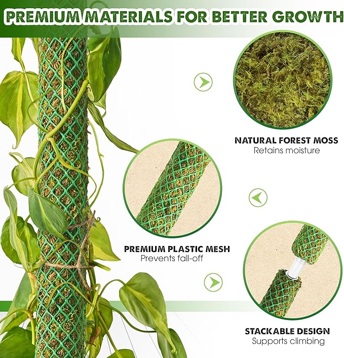 DUSPRO Bulk Pack 10Pcs 22'' Green Stackable Mesh Moss Pole for Plants, Extendable Plant Pole, Natural Forest Moss Pole Monstera Plant Support, Moss Stick for Climbing Plants, Indoor Plant Stakes
