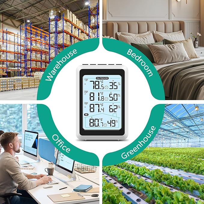 ORIA 3 Sensor Wireless Indoor Outdoor Thermometer Hygrometer, Digital Temperature Humidity Monitor with Backlit Display, Min/Max Records, Celsius/Fahrenheit Switch for Home, Garden, Greenhouse
