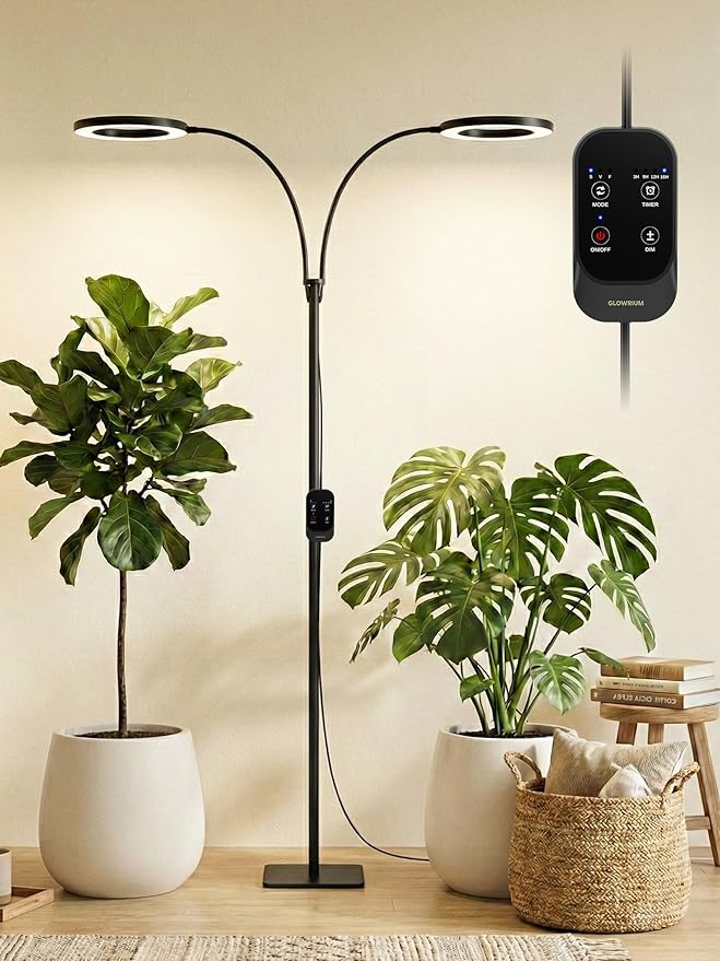 GLOWRIUM 48W LED Dual-Head Grow Light for Indoor Plants, 23.5-71" Adjustable Height, 3-Growing Full Spectrum for Tall Plant Light, 3/9/12/16H Timer, 6-Level Dimming, Ideal for Large Tall Plants