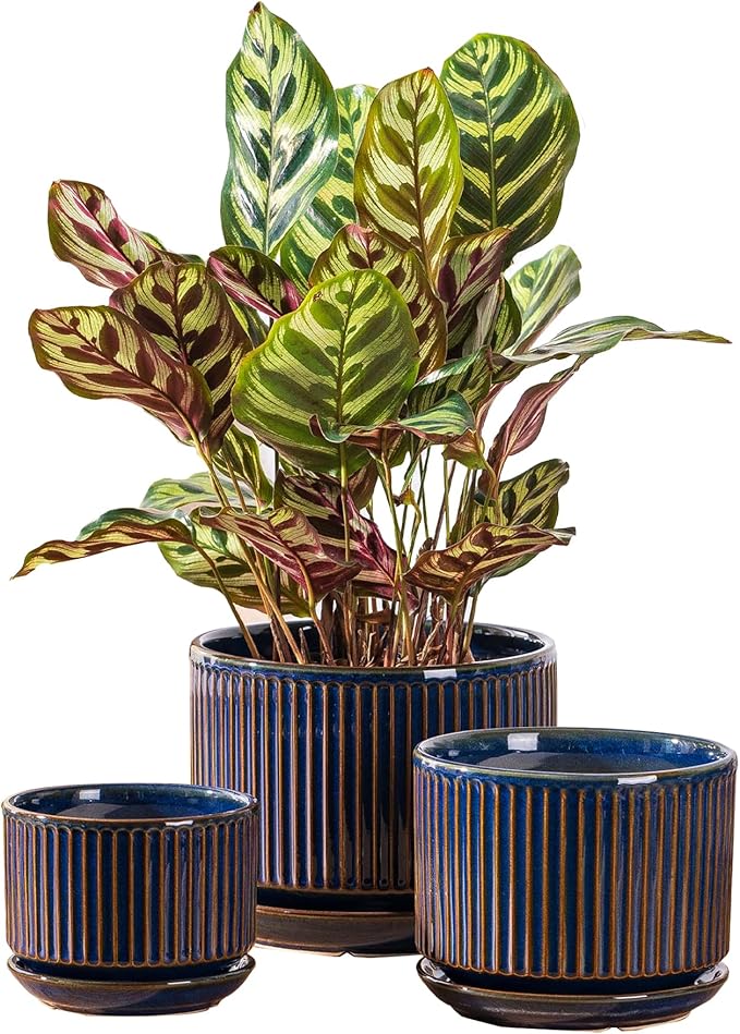 SURE YUESI Navy Blue Ceramic Plant Pots Set of 3 (4.3”+5.5”+6.7”), Indoor Striped Planters with Drainage Hole, Mesh Pads, Decorative Pots for Plants & Gardening