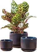 SURE YUESI Navy Blue Ceramic Plant Pots Set of 3 (4.3”+5.5”+6.7”), Indoor Striped Planters with Drainage Hole, Mesh Pads, Decorative Pots for Plants & Gardening