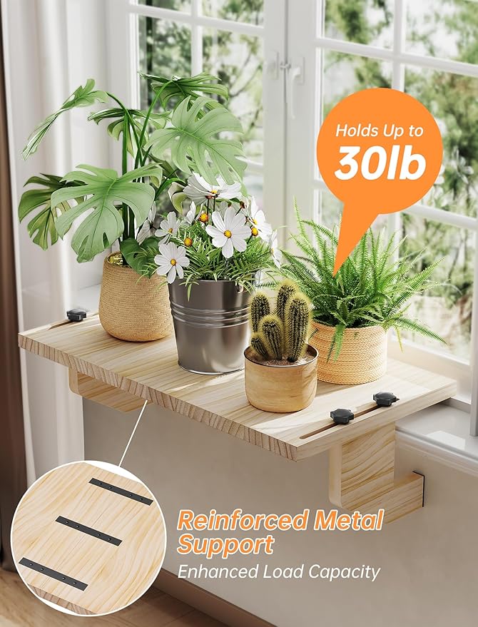 NiHome Wooden Window Sill Extender for Plants, No Drill Window Ledge Extender & Plant Shelf, Easy Installation Renter Friendly 21.2" x 11.8" Sill Extender