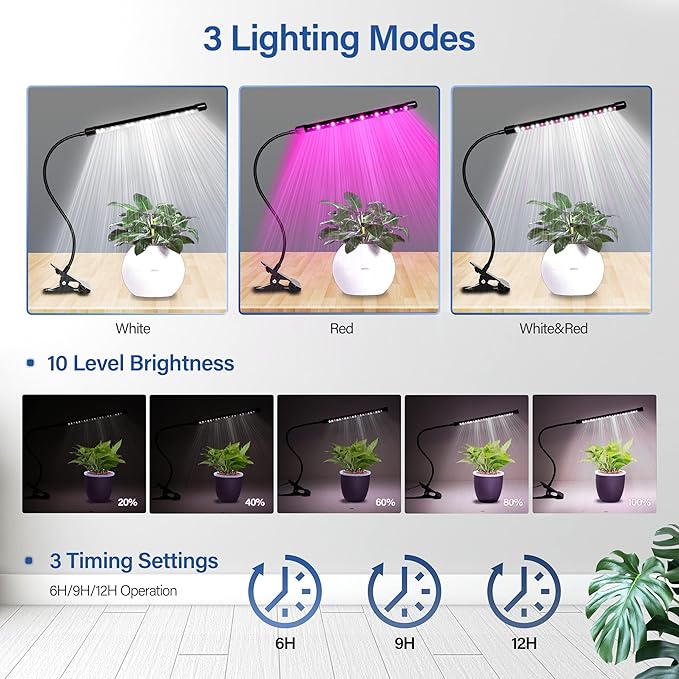 iPower Full Spectrum LED Grow Light for Indoor Plant, Clip Growing Lamp with 3 Light Modes&10 Dimmable Levels, Auto On Off Timing 6 9 12Hrs, White+Yellow