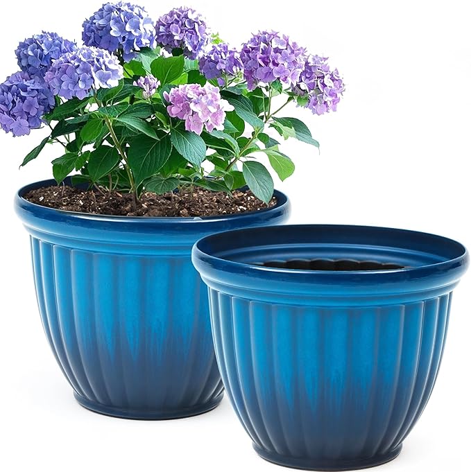 Autodaya 15" Large Flower Pots, Set of 2 Plastic Planters for Outdoor Indoor Plants with 3D Textures, Weather-Resistant for Porch, Garden, Patio or Indoor Use, Gradient Cobalt Blue