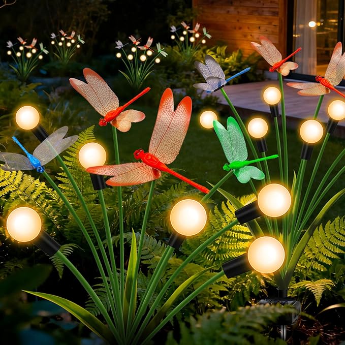 4 Pack Dragonfly Decorative Garden Stakes, 16Pcs 3D Dragonfly Decorations with Solar Firefly Lights Realistic Waterproof Dragonflies Solar Lights Outdoor for Yard Art Patio Plant Pot Flower Bed Lawn