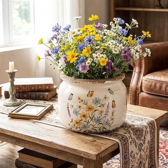 7.7″ Large Vintage Ceramic Plant Pot with Butterfly Pattern Warm Yellow Rustic Planter with Ice Crackle Glaze & Drainage Hole for Indoor Outdoor Plants Home Kitchen Office Decor Gift