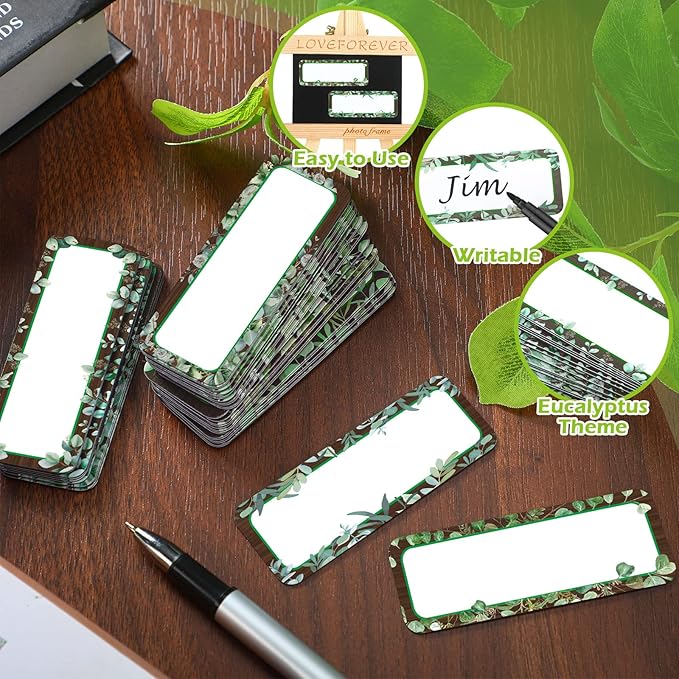 Kanayu 48 Pcs Eucalyptus Magnetic Dry Erase Labels Reusable Name Tag Plate Flexible Magnetic Label Sticker Blank Writable Card for Whiteboard Classroom Home Office Fridge(Stylish,1.18 x 3.15 Inch)