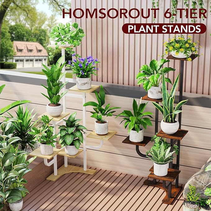 Homsorout Corner Plant Stand with Grow Light - 6 Tier Plant Stand Indoor Square Metal Plant Shelf with Adjustable Light, Plant Organizer for Living Room, Graden, Home Decor (Maple)