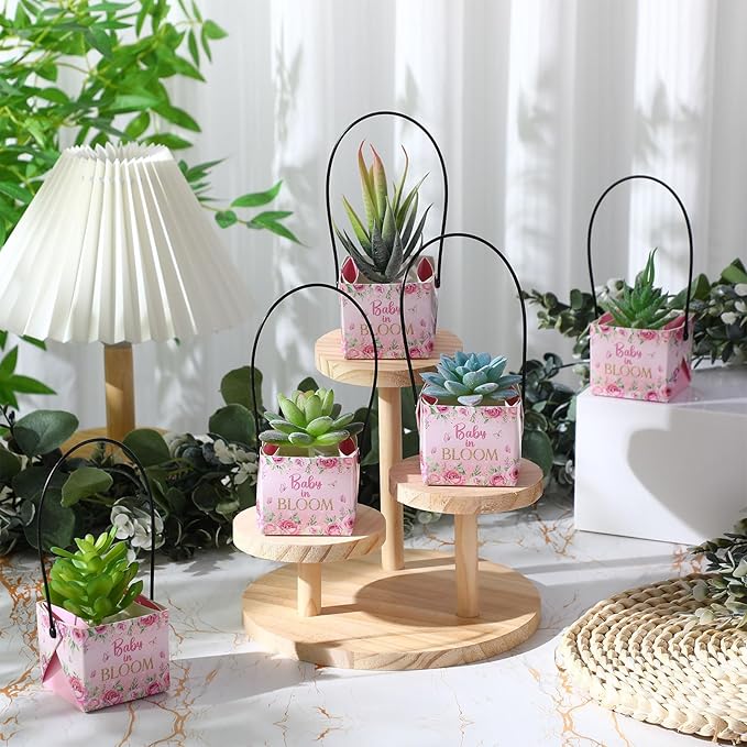 Soaoo 60 Pcs Succulent Baby Shower Favors Bulk Grow Succulents Wrap Bags with Handles Baby in Bloom Plants Paper Pots Gift Boxes Decorations Supplies Plants not Included Fits 2 Inch Pots(Pink Flower)