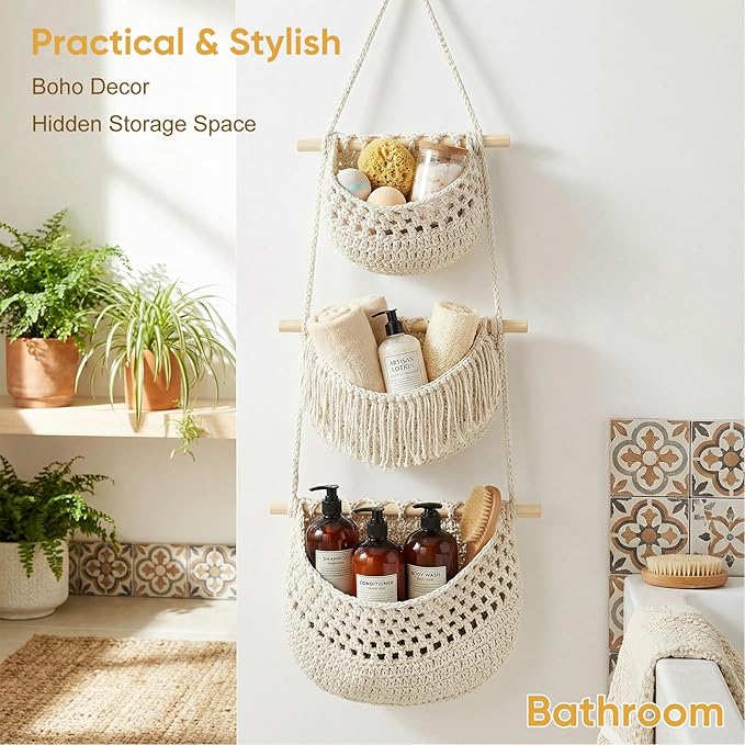 Boho Style Handwoven Rope Hanging Basket - 3-Tier Detachable Storage Organizer for Kitchen/Bathroom/Entryway, 3 Included Heavy-Duty Hooks, 7 Color Options Available (Green)