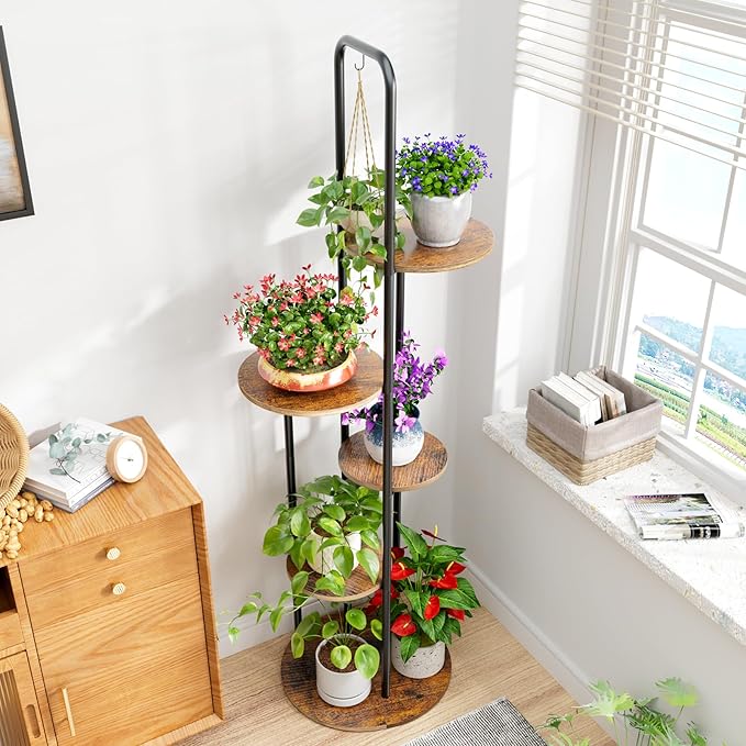REFGY Tall Plant Stand Indoor - 5 Tier 6 Potted Vertical Plant Shelves with Hanging Hook - Multi-Tiered Wood Textured Plant Tower for Corner Space - Metal Plant Table for Home Office Decor, Rustic Brown