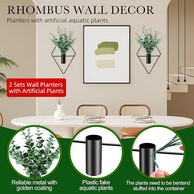 2 Pack Black Wall Decor Hanging Planters with Artificial Plants Metal Hanging Vase Indoor Plants Holder Modern Boho Wall Art for Bathroom Bedroom Living Room Office (Black, Eucalyptus)
