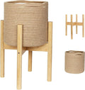 Plant Basket with Stand, Indoor Round Wicker Basket Plant with Bamboo Wood Stand, Decorative Woven Rope Flower Indoor Planter with Legs, Boho Bamboo Wood Planter Holder (Jute)
