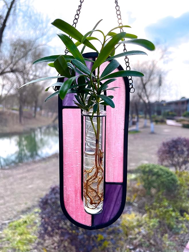 LITMIND Plant Propagation Station, Hanging Hydroponic Planter Terrarium with Vibrant Stained Glass Suncatcher Elements - Perfect for Home & Garden Decor, Includes 2 Glass Propagation Tubes
