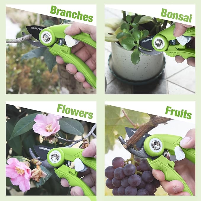 WORKPRO 6.9" Bypass Pruning Shears, Gardening Scissors with Sharp SK5 Steel Blade, Handheld Garden Floral Clippers for Rose, Plants, Flowers, Fruits Trees, Gardening Gifts for Women & Men, Green