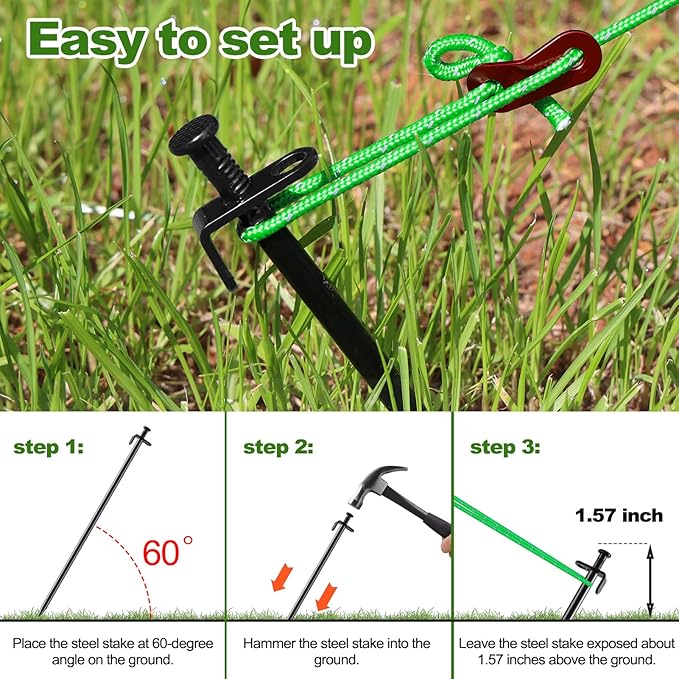 Fabulas Tree Stakes Kits, 6 Pcs 11.8 Inch Heavy Duty Steel Stakes and Supports for Leaning Young Trees Straightening with 6 Pcs Support Straps and 13.2ft Anchor Ropes, Against Strong Wind Bad Weather